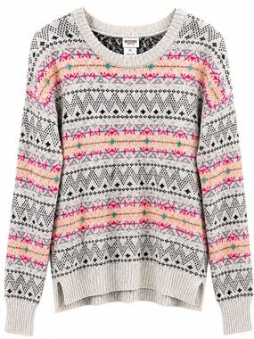 SO Fair Isle Sweater XL Gray Pink Nordic Knit Cozy Pullover